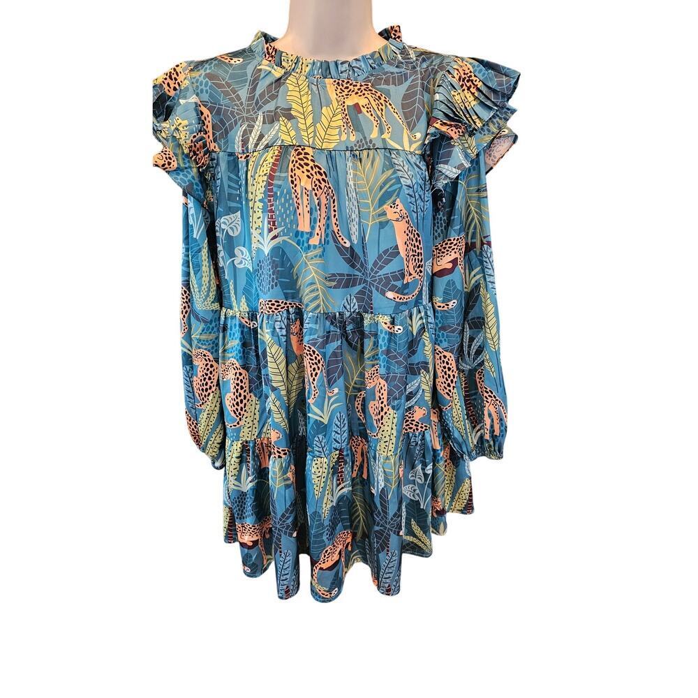 Yaiyai ponytail sz M (?) Safari satin ruffle layered long sleeve dress EUC